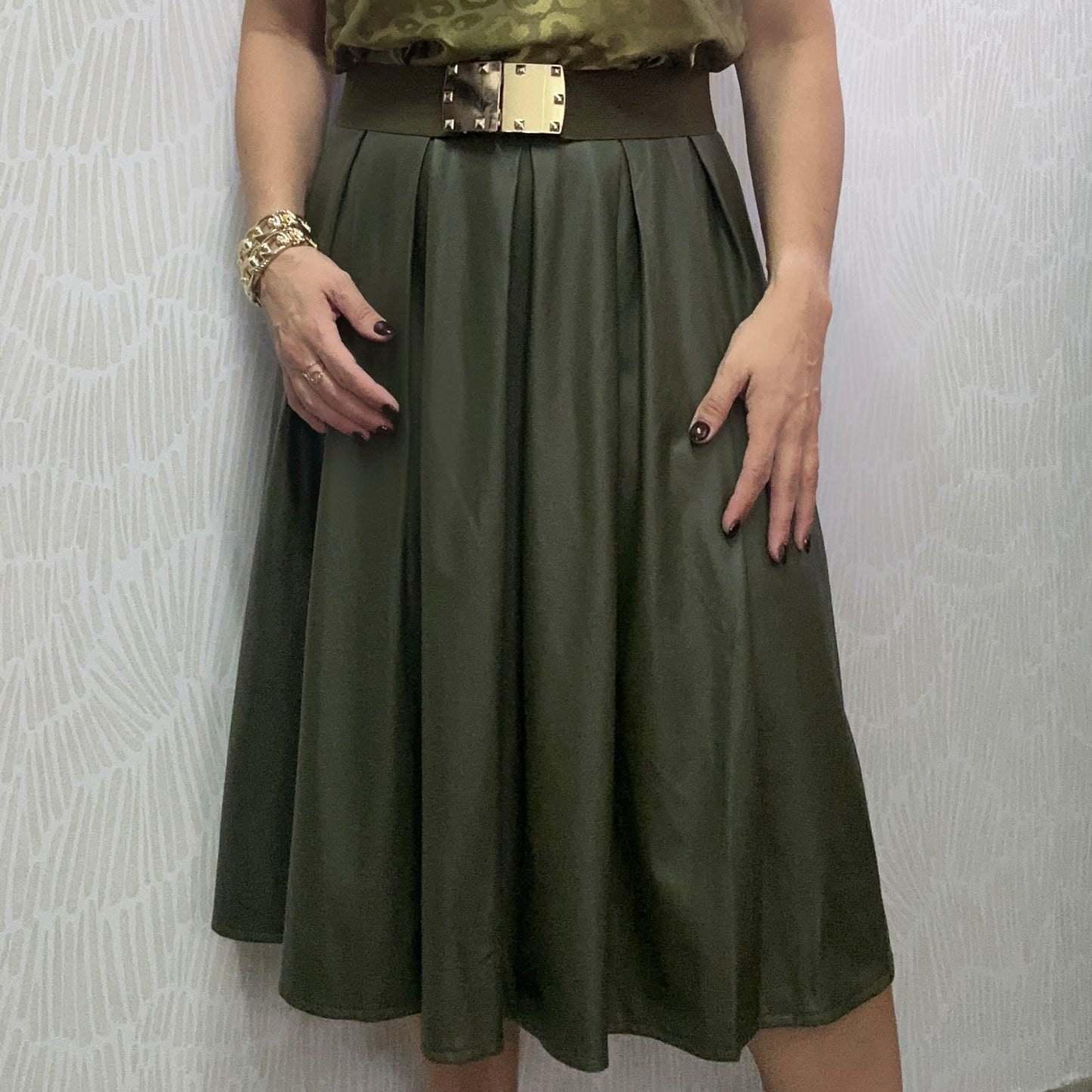 Faux Leather midi skirt- Olive