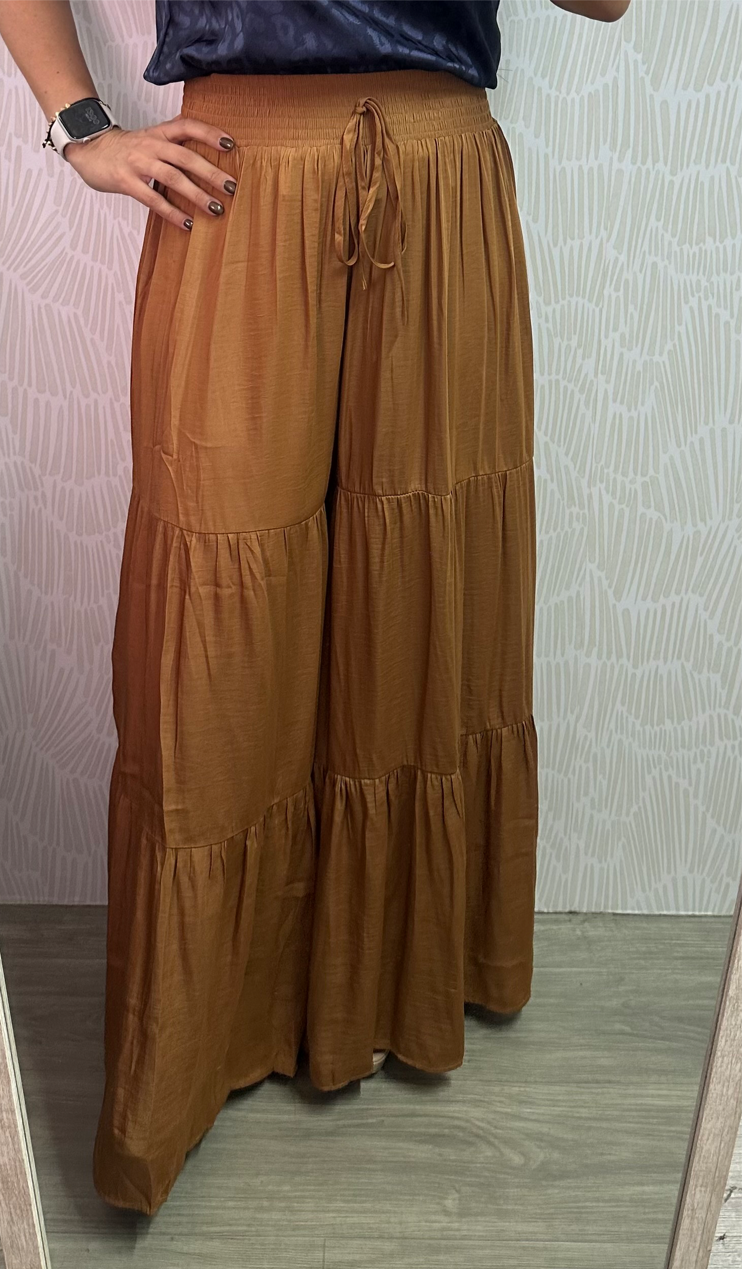 Elastic waist wide leg pants-Camel