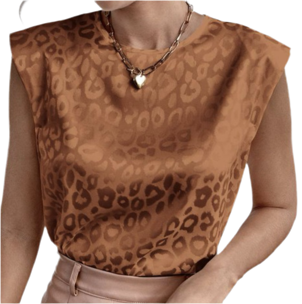 Thin padded shoulder metallic leopard top-Brown