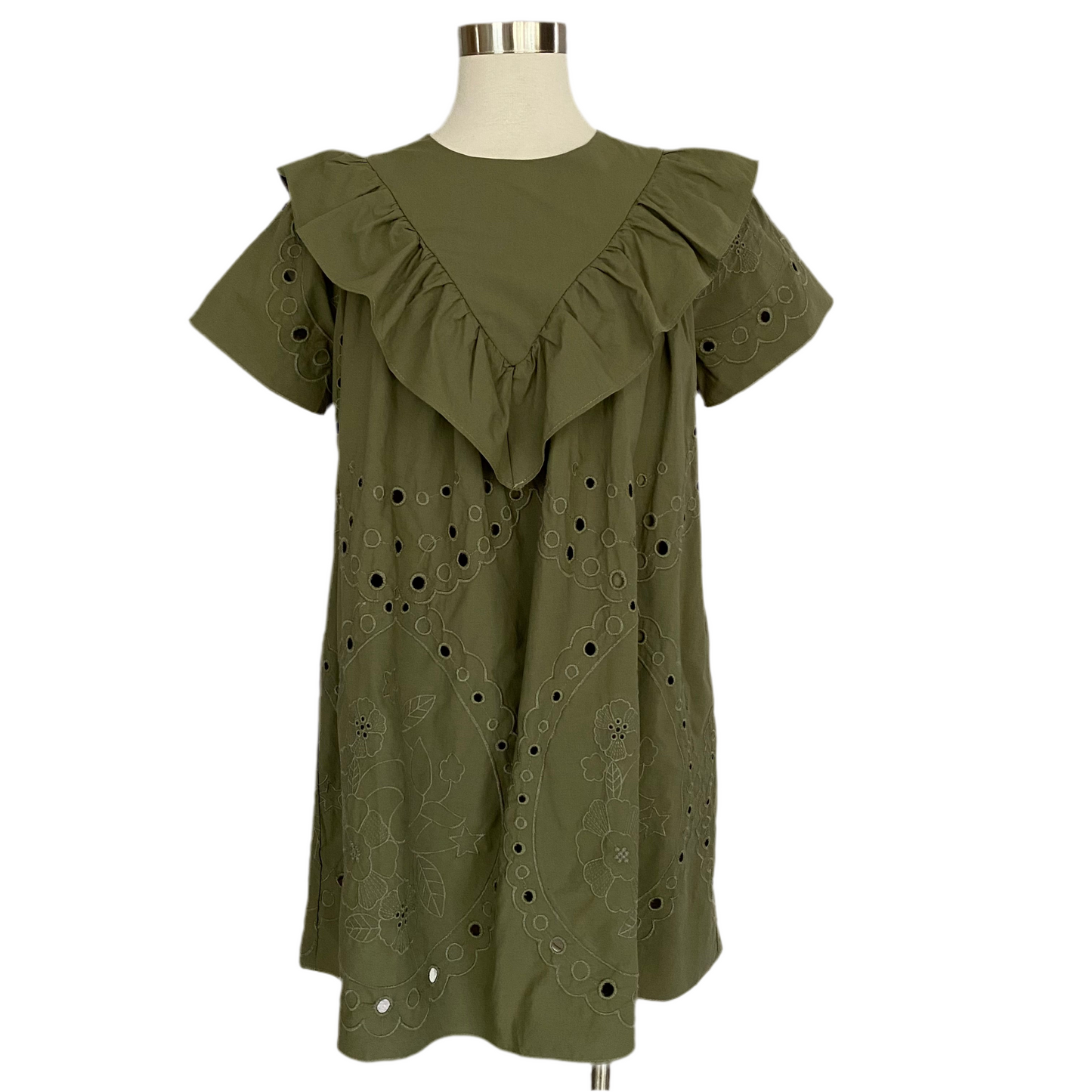 Eyelet ruffled dress-Olive