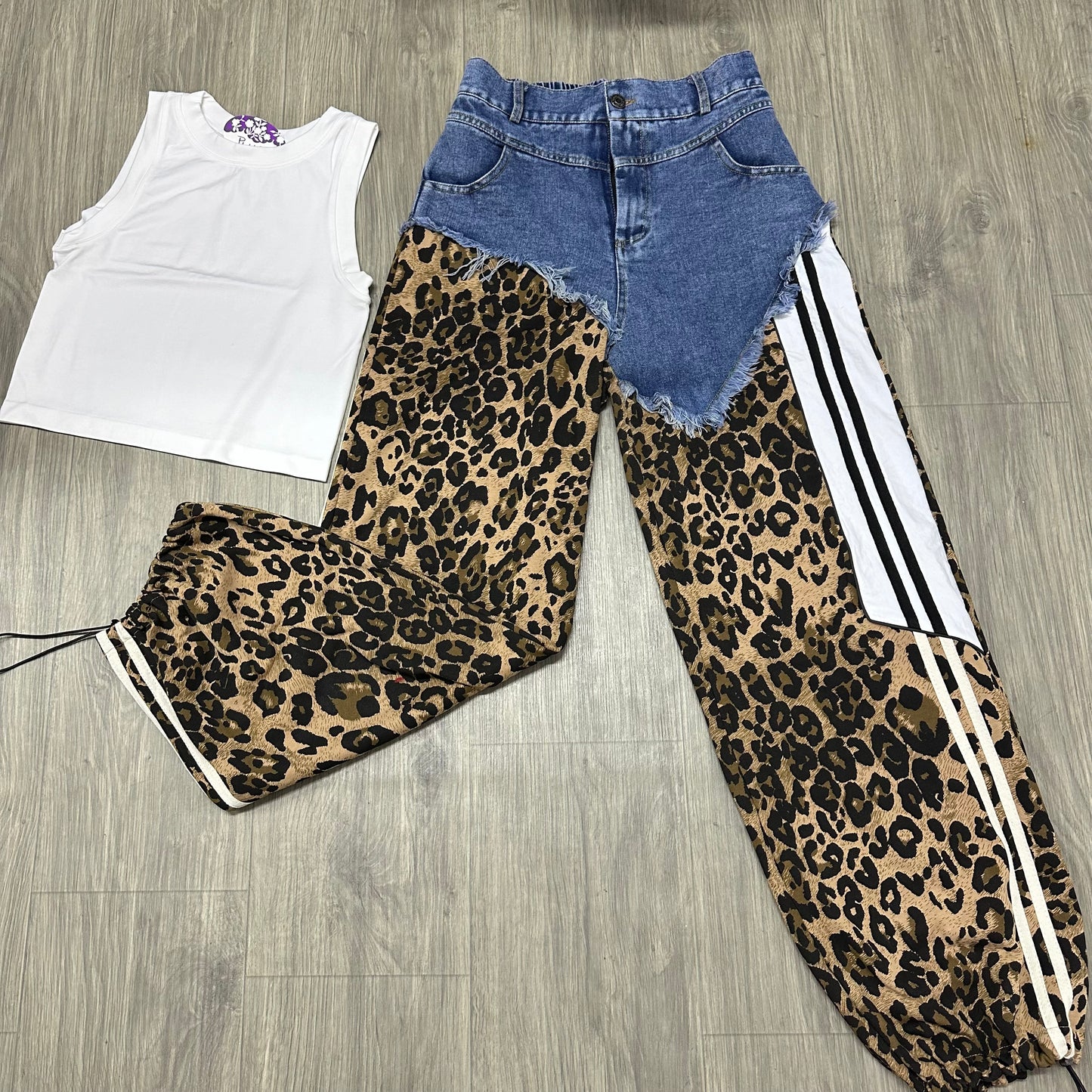 Denim leopard jogger pants