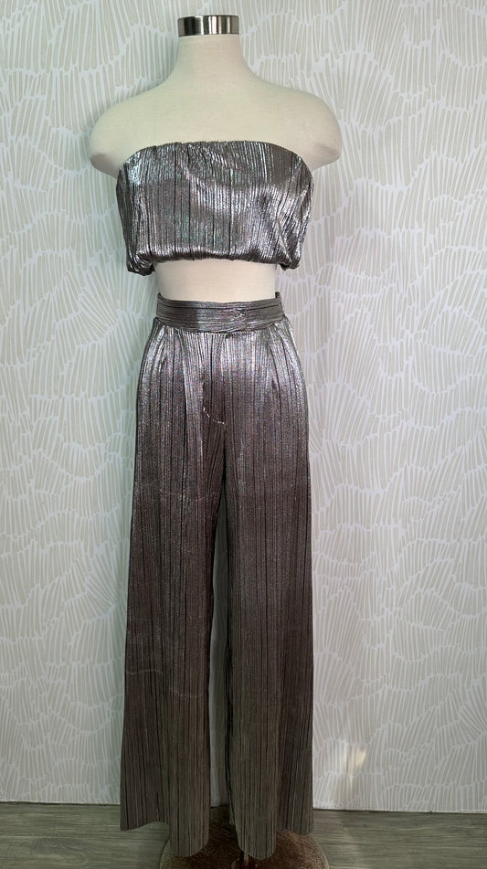 Metallic pleated pant set- Silver