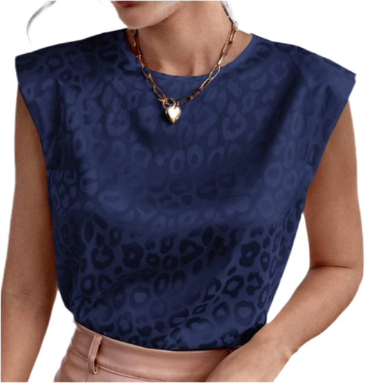 Thin padded shoulder metallic leopard top- Navy Blue