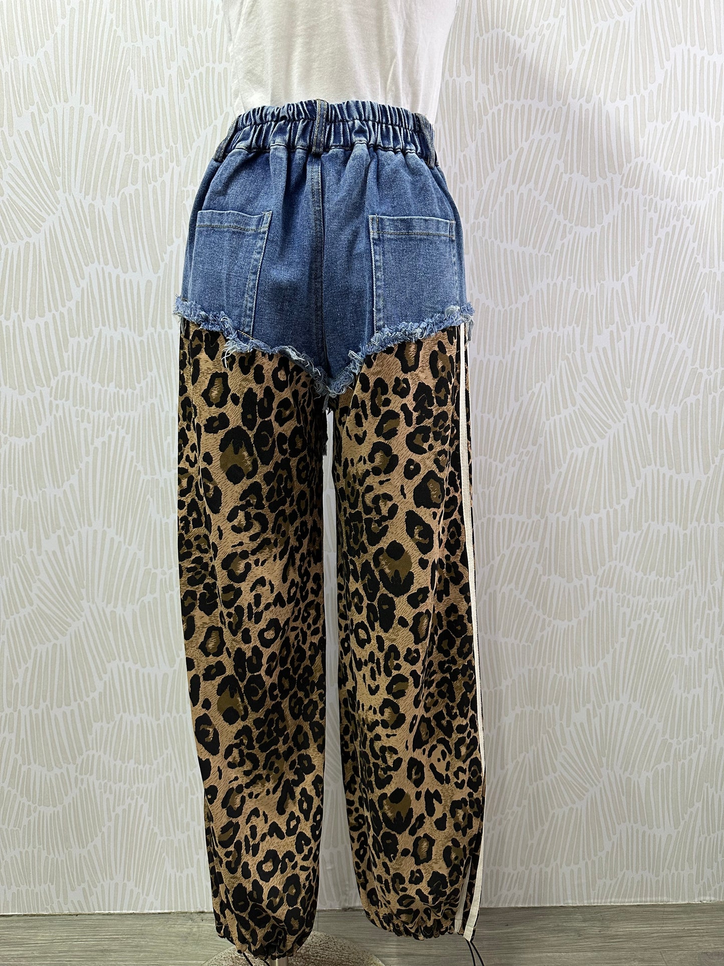 Denim leopard jogger pants