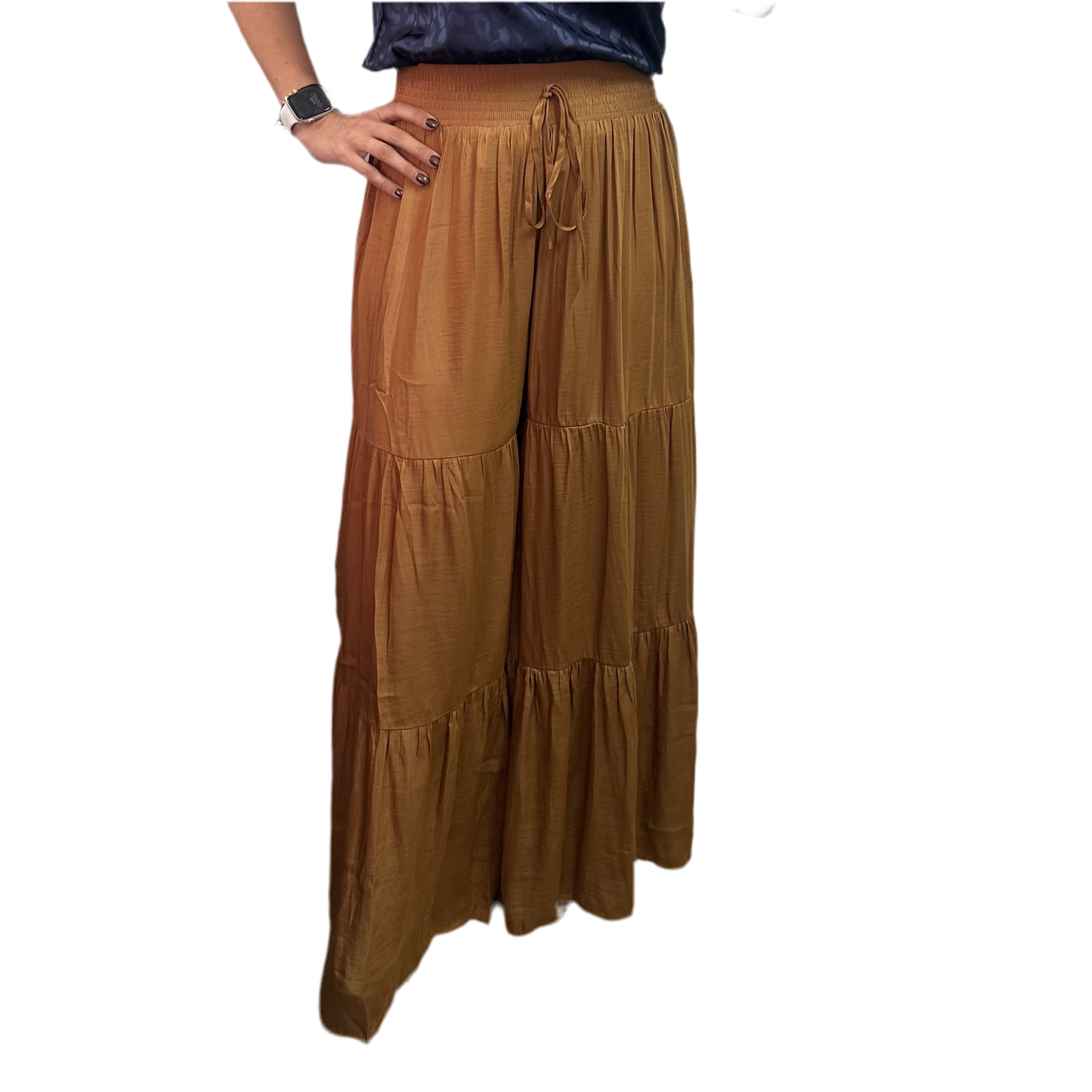 Elastic waist wide leg pants-Camel