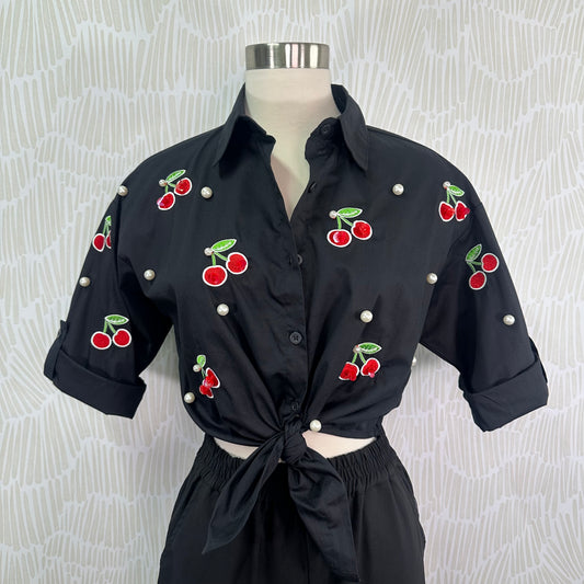 Cherry pearls and sequins button down top- Black