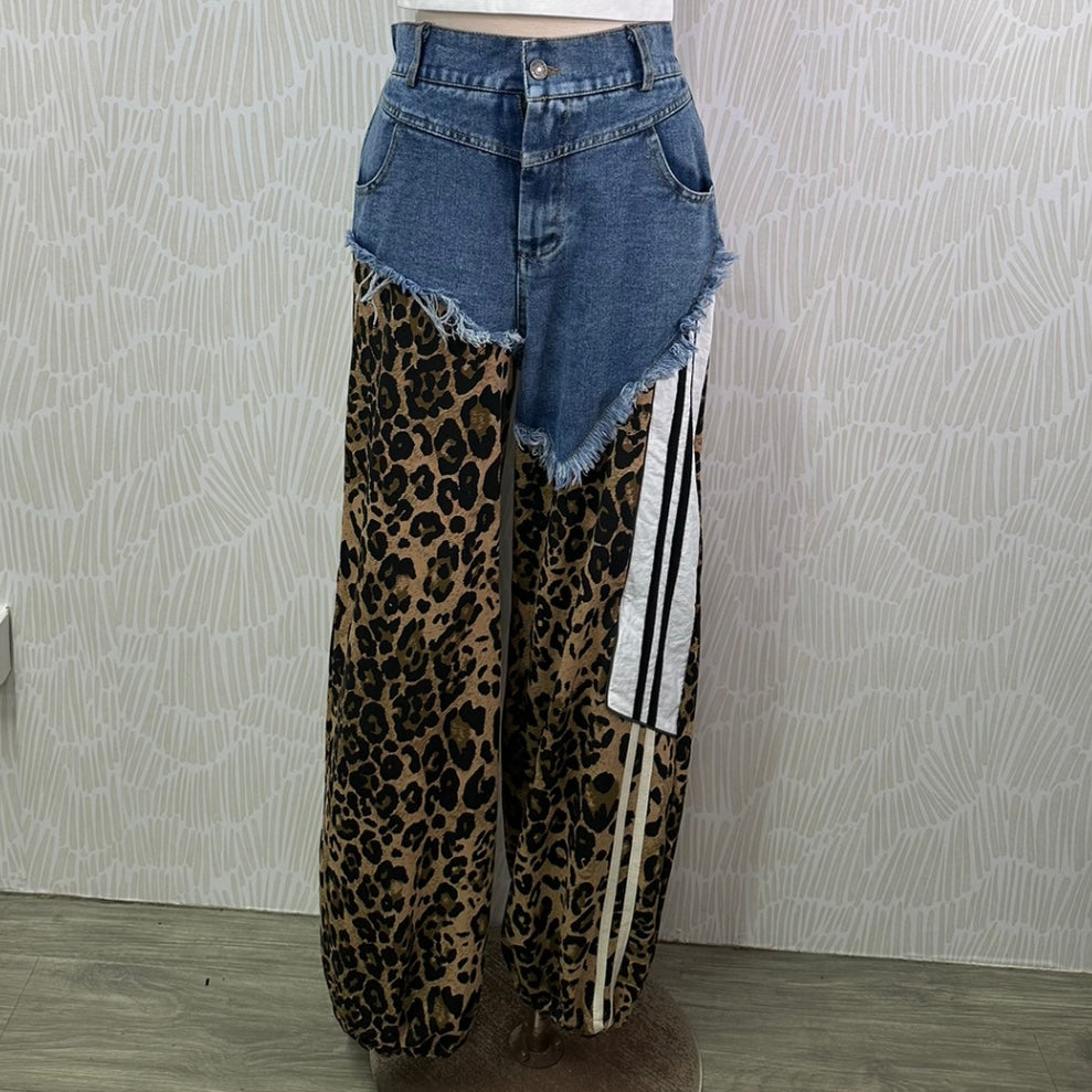 Denim leopard jogger pants