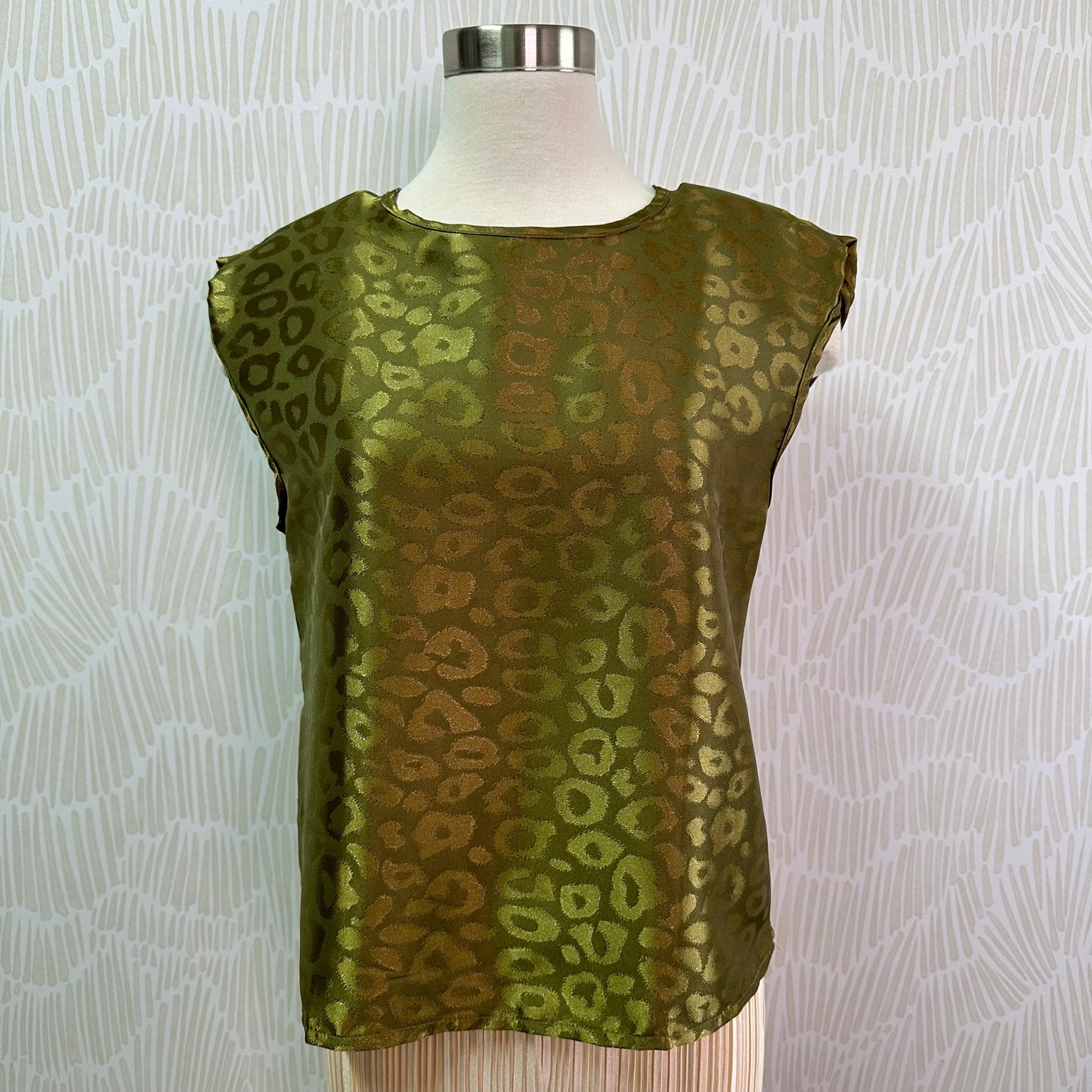 Thin padded shoulder metallic leopard top-Olive Green