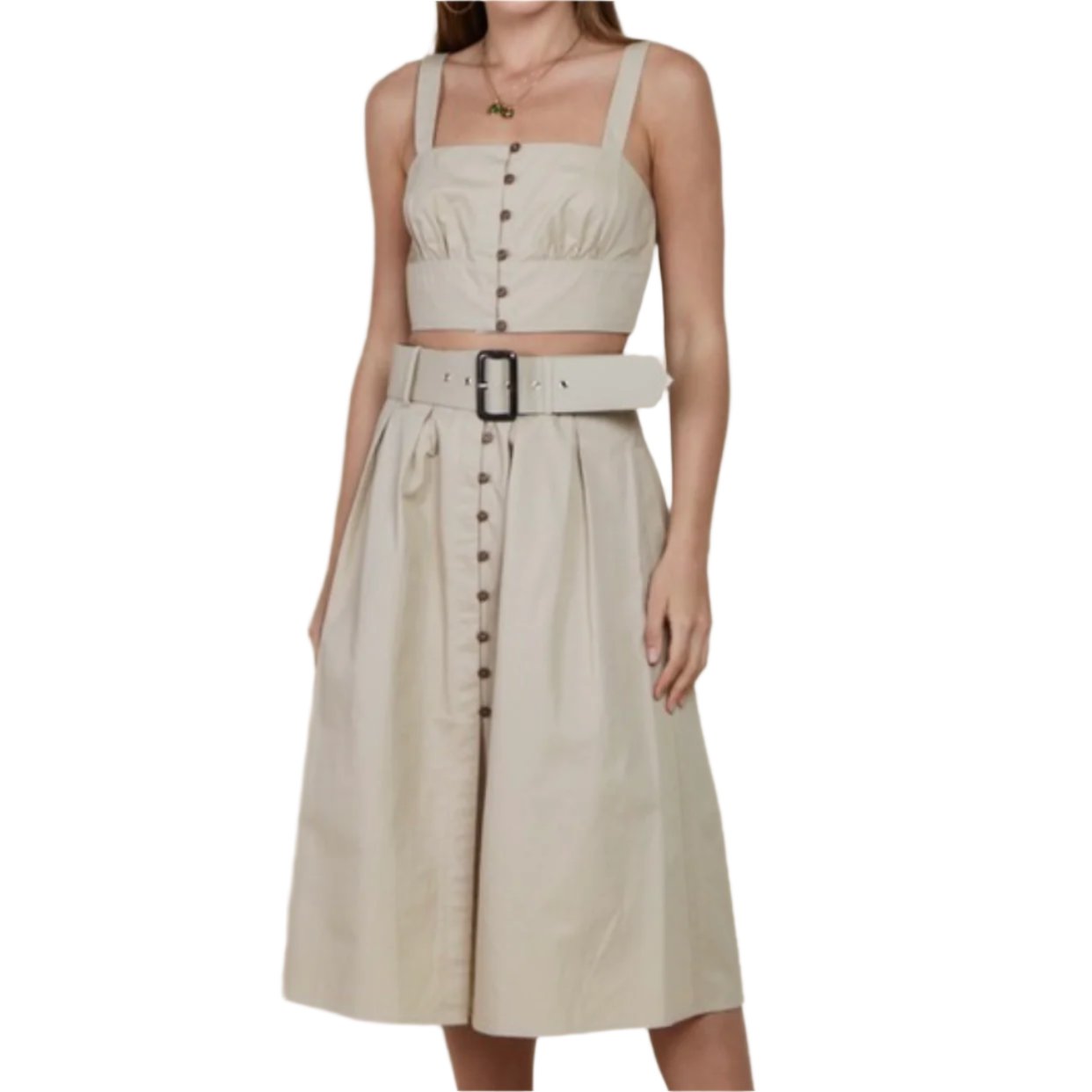 Belted crop and midi skirt set- Beige