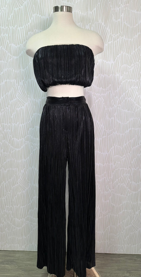 Metallic pleated pant set- Black