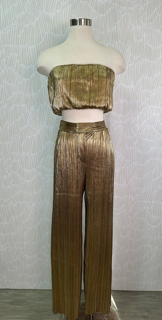 Metallic pleated pant set- Gold