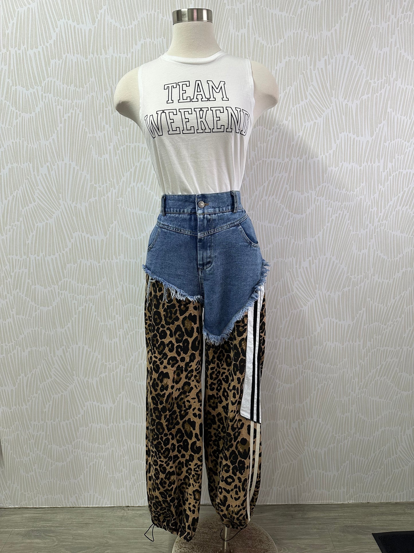 Denim leopard jogger pants