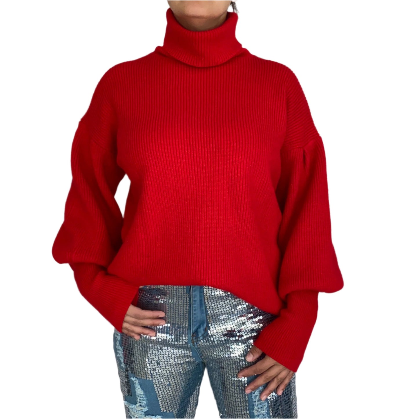 Puff sleeve high neck sweater