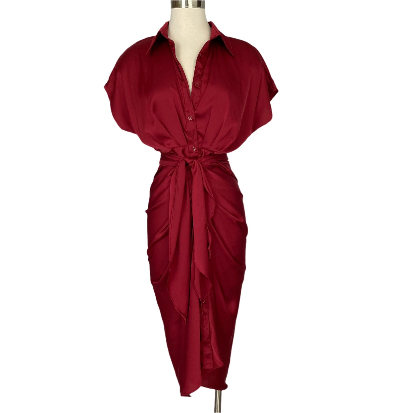 Button down front tie dress- Burgundy