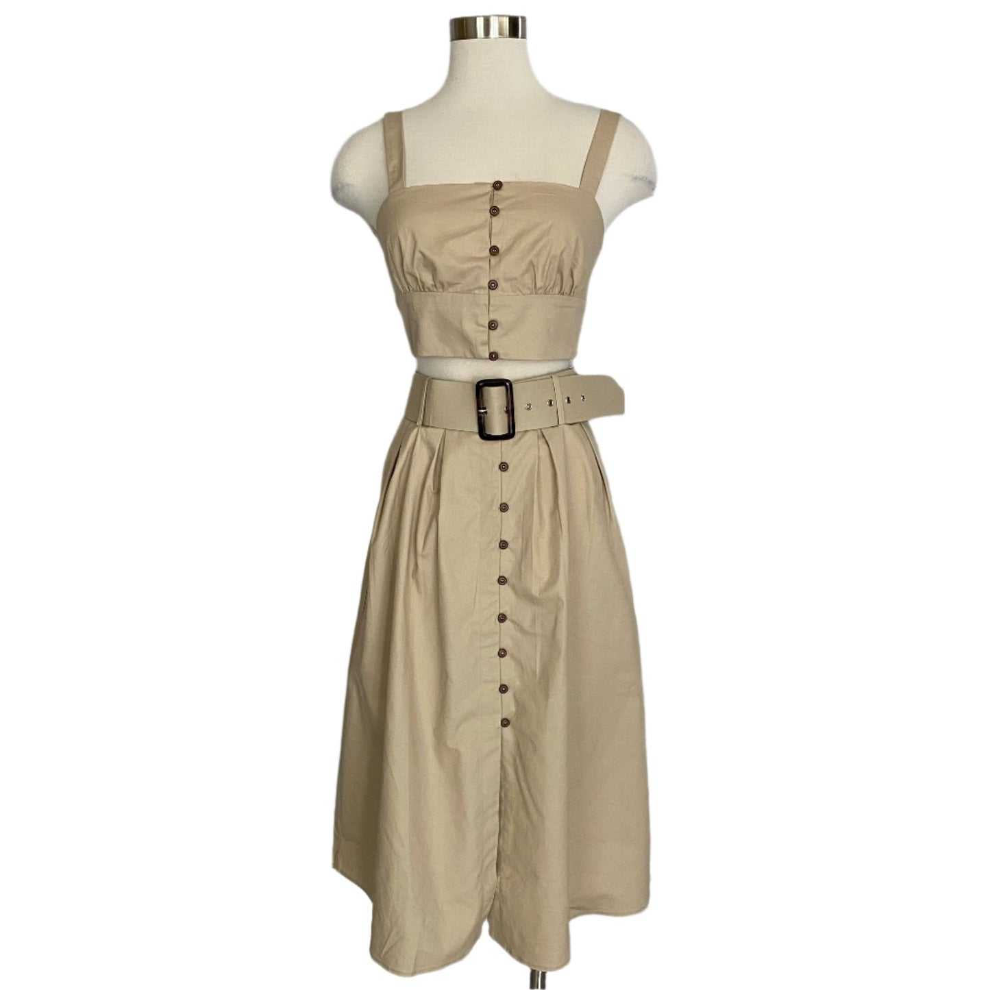 Belted crop and midi skirt set- Beige