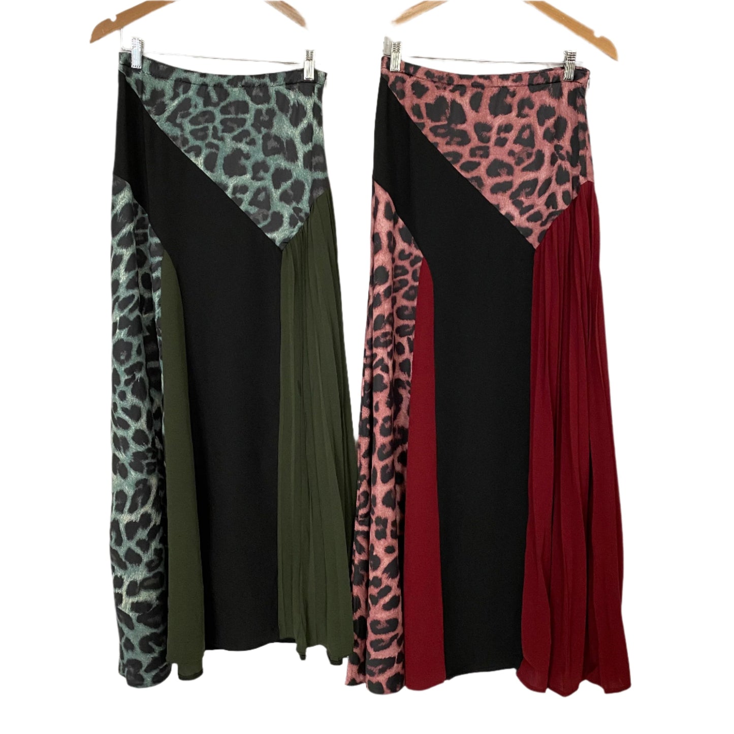 Colorblock leopard pleated skirt