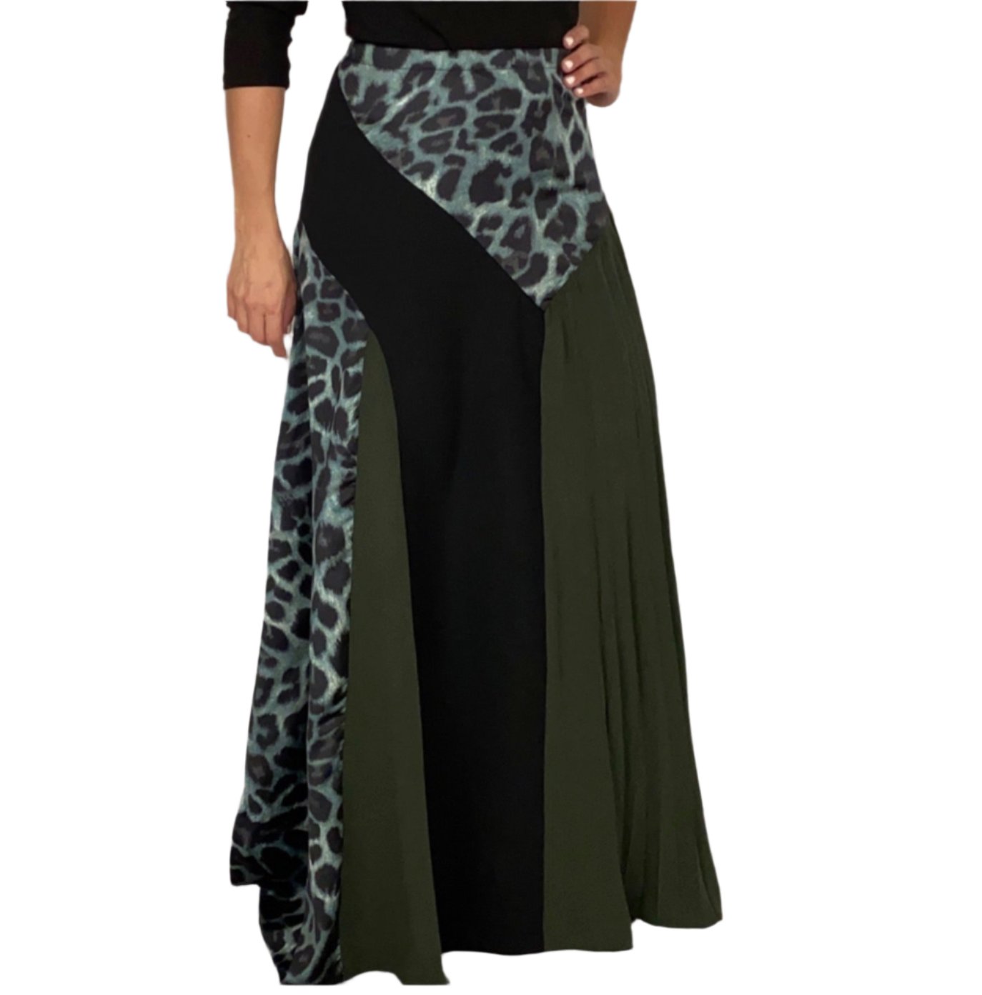 Colorblock leopard pleated skirt