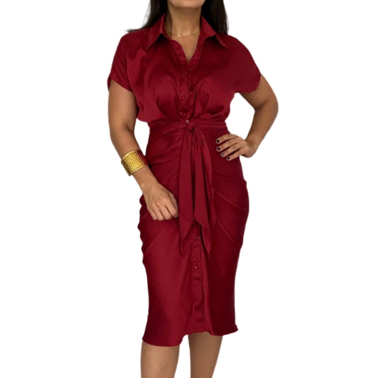 Button down front tie dress- Burgundy